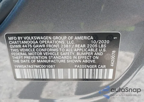 2021 Volkswagen Passat 2.0T Se from USA, damaged, VIN 1VWSA7A37MC001087